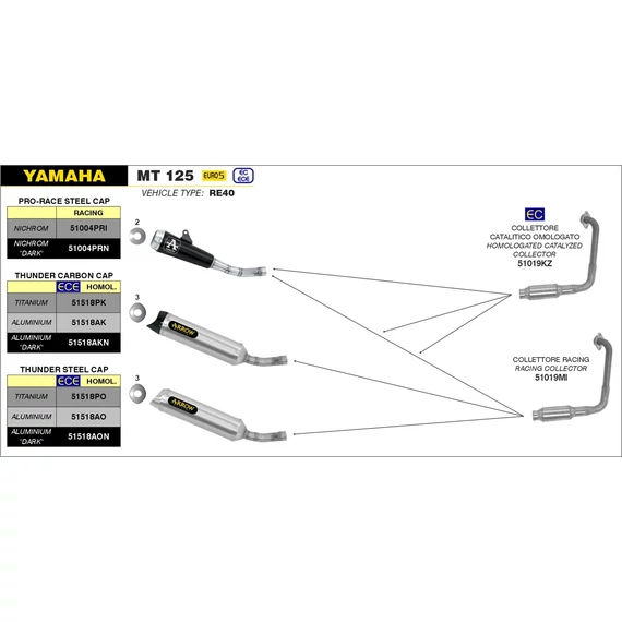 Arrow komplett leömlő (Rozsdamentes acél "Katalizátoros" - Yamaha MT 125 - 2020-2022 - XSR 125 - 2022-2023 - YZF-R 125 - 2019-2022)