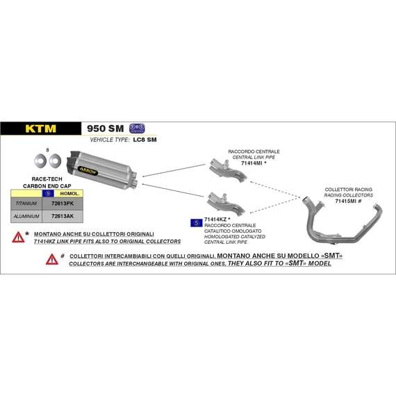 Arrow középső összekötő cső (Rozsdamentes acél "Katalizátoros" - KTM 950/990 SM/SMR - 2006-2013)