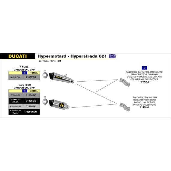 Arrow középső összekötő cső (Rozsdamentes acél "Katalizátor nélküli"- Ducati Hypermotard/Hyperstrada - 2013-2018)