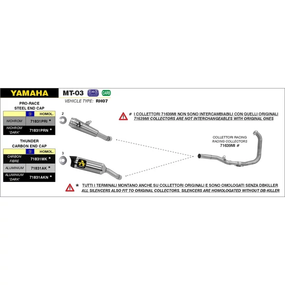 Arrow komplett leömlő (Rozsdamentes acél "Katalizátor nélküli" - Yamaha MT-03 - 2016-2019 - YZF R3 - 2019-2023)