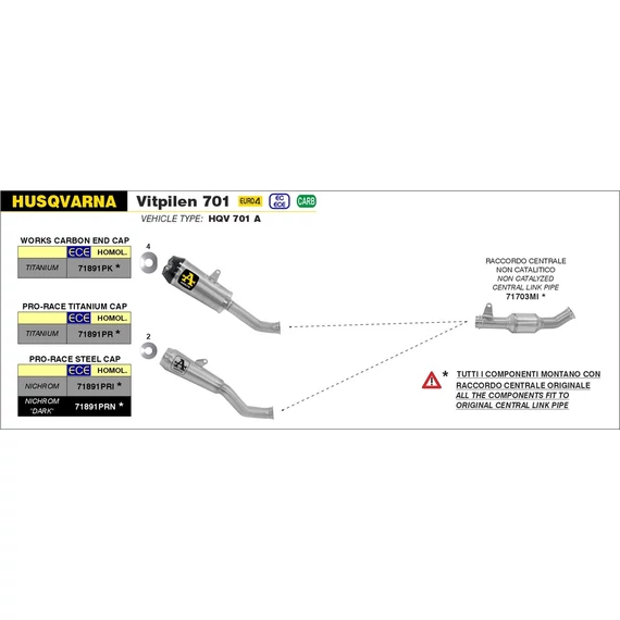 Arrow középső összekötő cső (Rozsdamentes acél "Katalizátor nélküli" - Husqvarna Vitpilen 701 - 2018-2019)