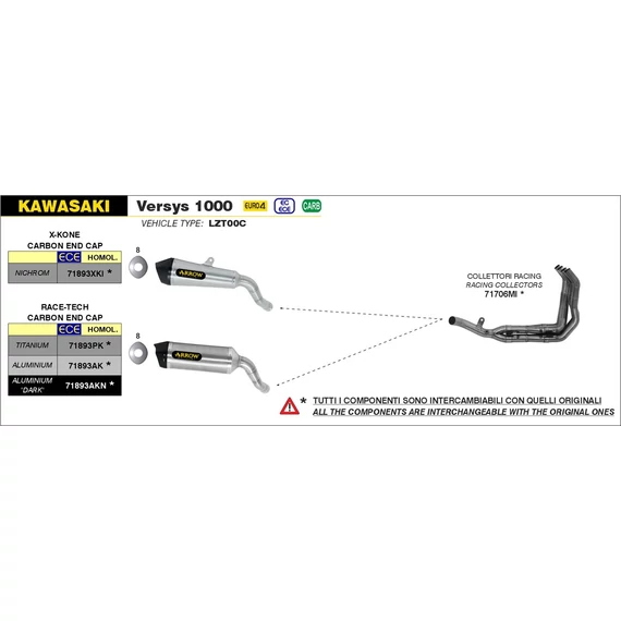 Arrow komplett leömlő (Rozsdamentes acél "Katalizátor nélküli" - Kawasaki Versys 1000 - 2019-2020)