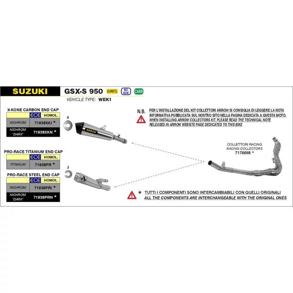 Arrow komplett leömlő (Rozsdamentes acél "Katalizátor nélküli" - Suzuki GSX-S 950/1000/1000 GT - 2021-2023)