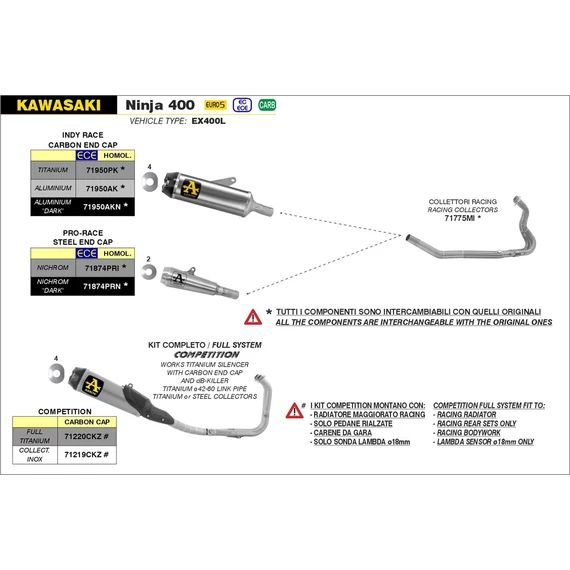 Arrow komplett leömlő (Rozsdamentes acél "Katalizátor nélküli" - Kawasaki Ninja/Z 400 - 2023)